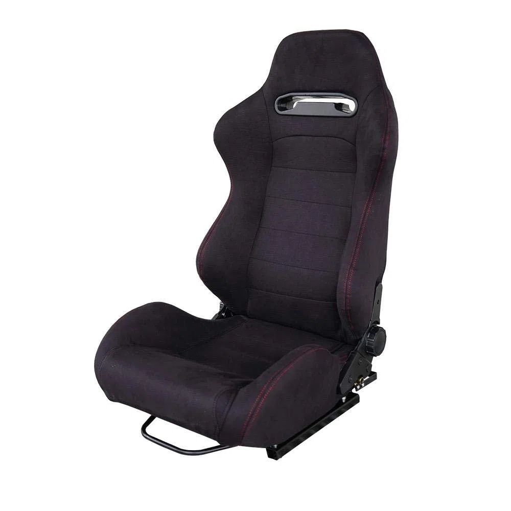 Simoni Racing Asiento Deportivo Miky Tela Negra + Costuras Rojas - Respaldo de doble ajuste reclinable - Corredera incluyendo
