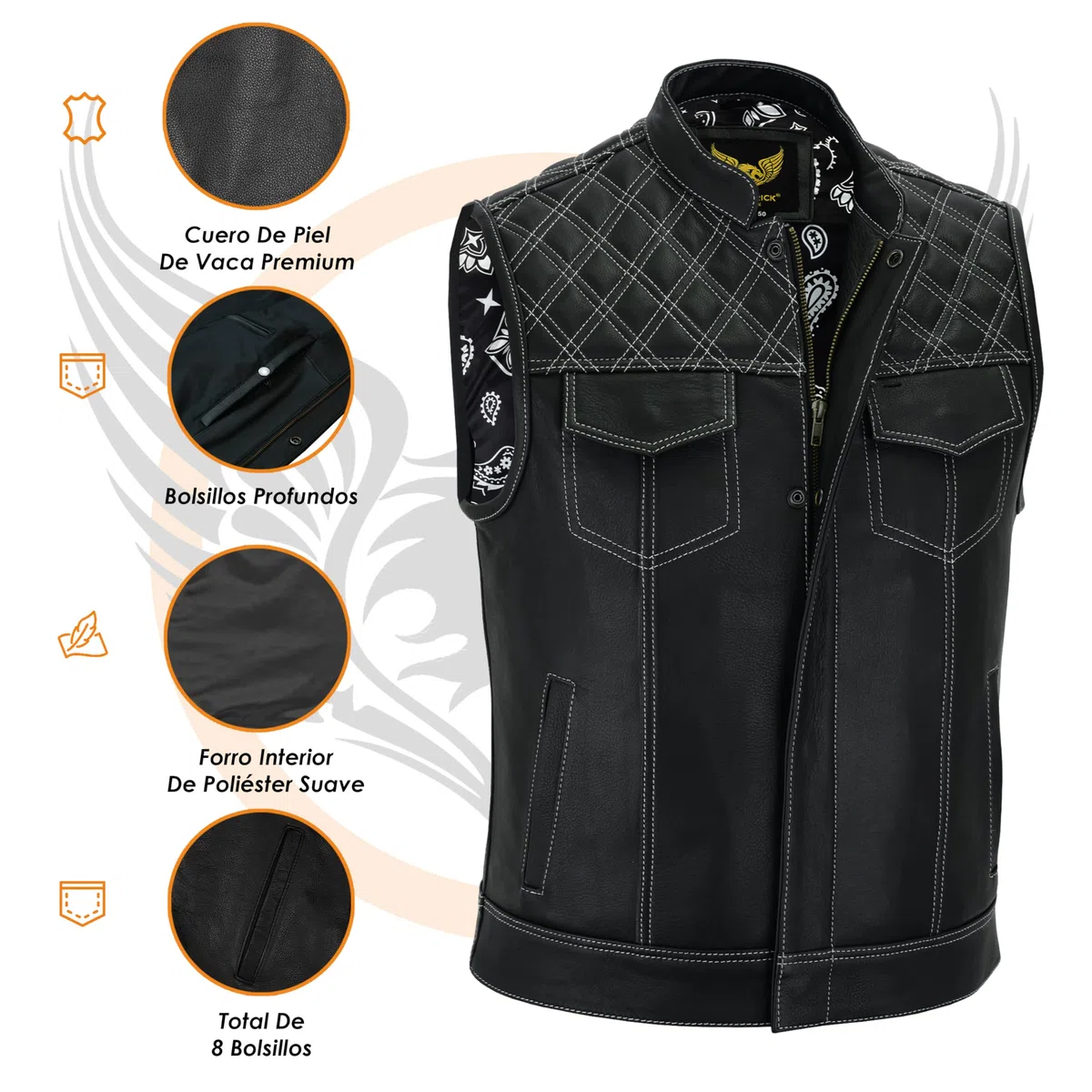 Leatherick Groove Club - Chaleco de cuero negro para hombre, diseño tradicional de cachemira, con costuras de rombos blancos