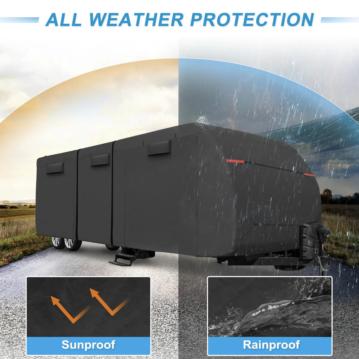 Uxcell Funda Impermeable para Caravana - Se Adapta a Remolques de 5,5-6,1 m, Resistente al Viento y Anti-UV, Protección para Todas las Estaciones, Negro