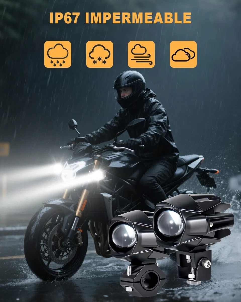 Dinfu 60W Faros para Luz Delantera de Motocicleta, 9v -60v ronda LED faros antiniebla IP67 5 patrones de flash con arnés y 2 soportes de montaje para moto ATV UTV dirt bike 4x4 camioneta