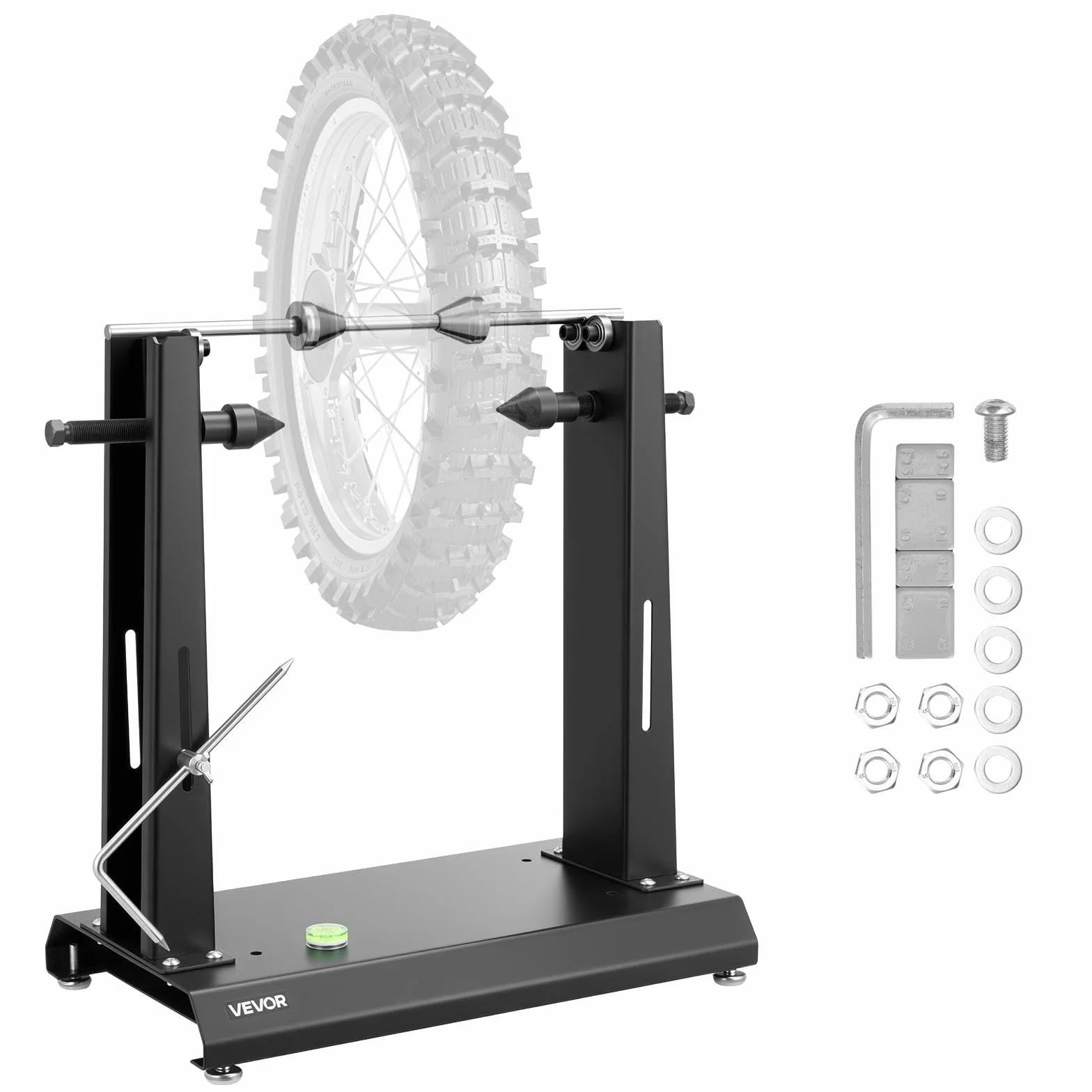 VEVOR Soporte de Equilibrado de Neumáticos para Motocicleta, Carga de 40 kg, con Conos de Centrado Ajustables y Puntero de Centrado, para el Montaje de Neumáticos para Ruedas, 490 x 300 x 545 mm