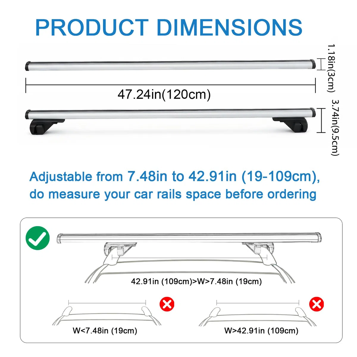 47,2" Barras Transversales Ajustables, Capacidad Carga 100kg, Baca Coche Universal Aluminio con Dispositivos Antirrobo, Portaequipajes para SUV con Rieles Laterales Elevados