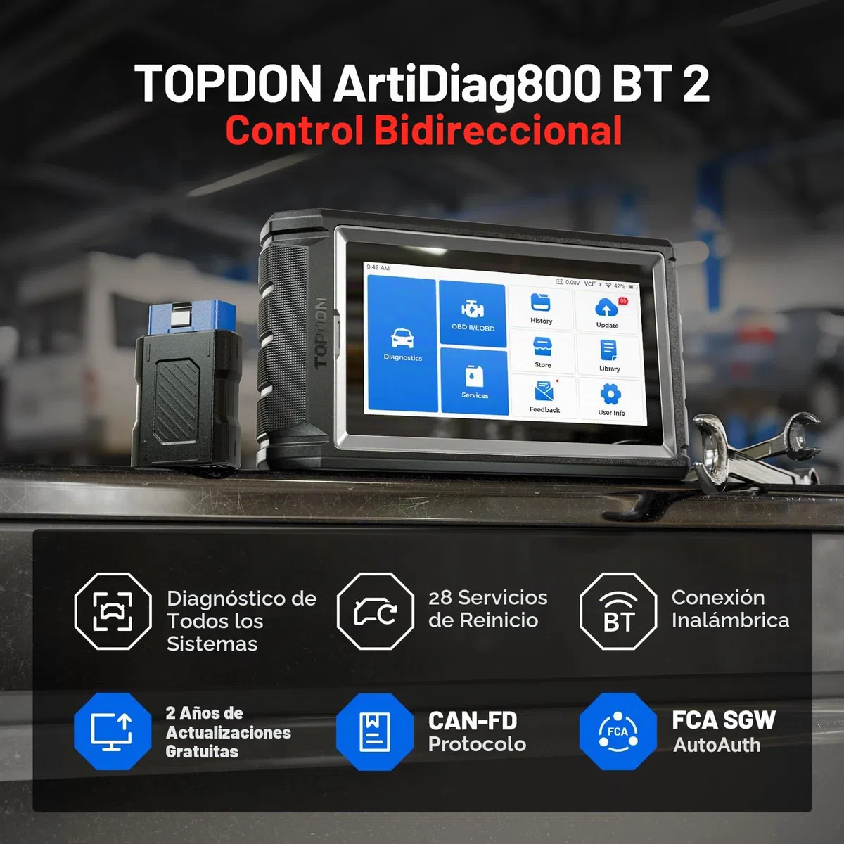TOPDON obd2 Diagnosis Bidireccional AD800BT V2.0, Diagnosis Coche multimarca de Sistema Completo, 28 Funciones de Reinicio, 2 años de actualizaciones gratuitas