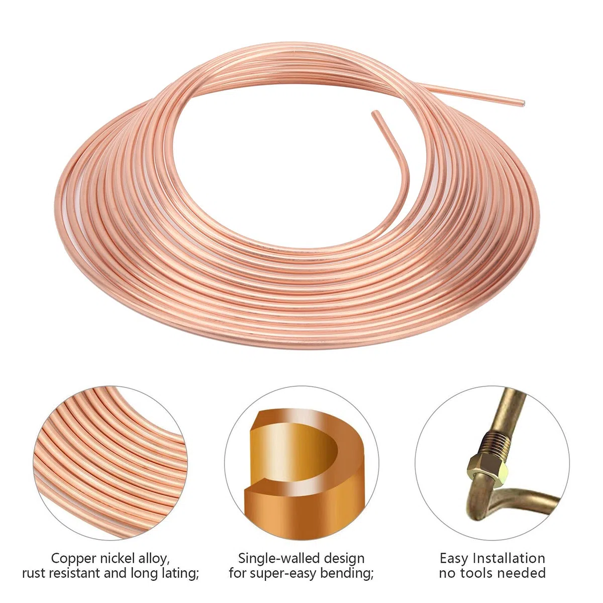 Tubería de línea de freno de cobre níquel, 3/16 pulg. De diámetro exterior, 25 pies, kit de tubería de línea de freno de cobre níquel, bobina y ajuste, flexibilidad perfecta