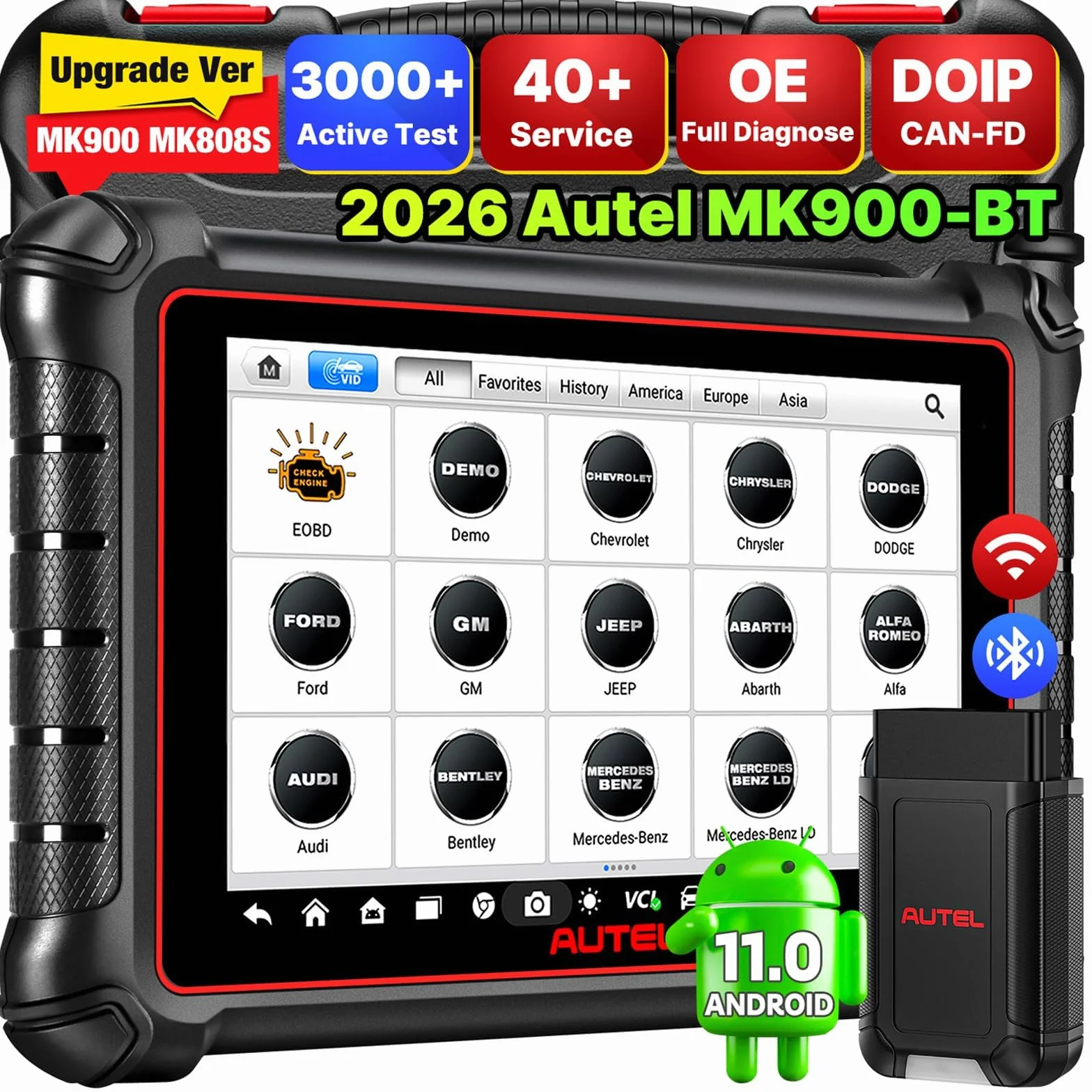 Autel MaxiCOM MK900BT OBD2 Diagnosis: 2026 V2.0 Diagnosis Coche Bidireccional, Ver Inalámbrica de MK900 MK808S MK808BT MX808S MK808Z, 40+ Servicios, 3000+ Pruebas Activas, DOIP CANFD, Todos Sis, SO 11