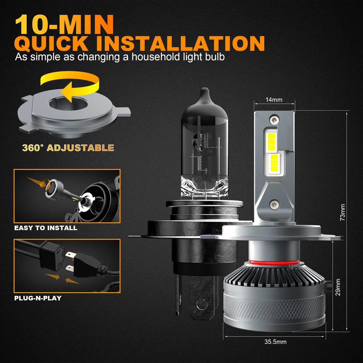 Bombillas H4 LED 18000LM, BEAMFLY HB2 9003 Lampara Faros Delanteros Coche 12V 110W 6000K Luces Blancas