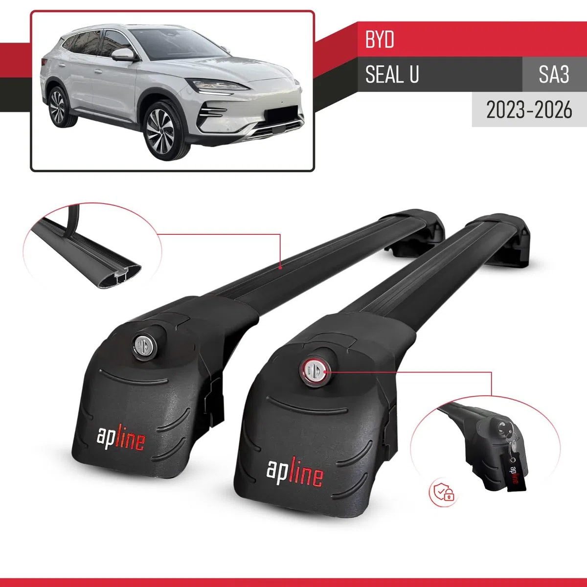 Compatible con BYD Seal U (SA3) 2023-2026 Modelo Ace-2 Barra de Techo Auto Portaequipajes Barras Transversales Negro Aluminio 2 Barras
