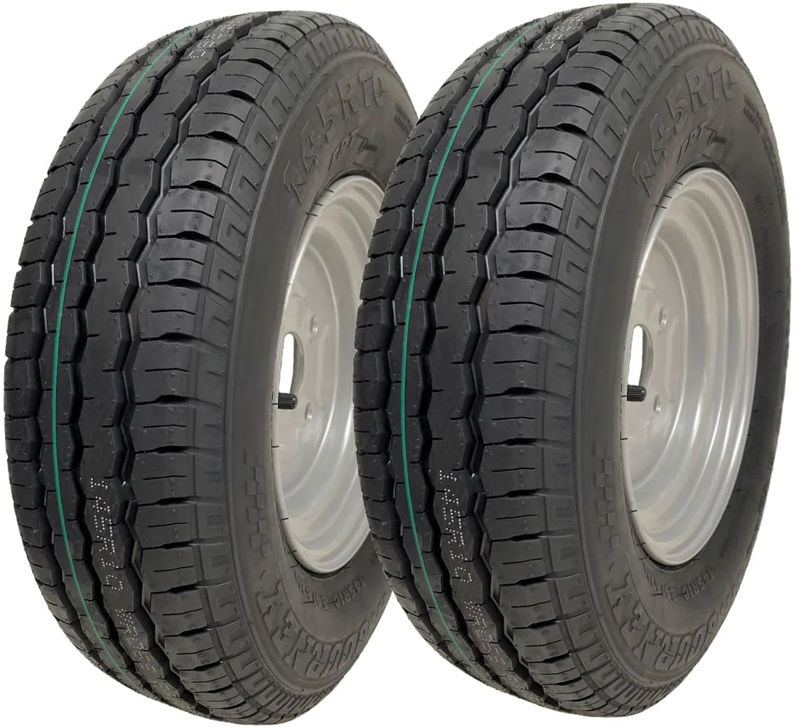 Parnells, 2 Ruedas de Remolque sin Cámara de 10 Pulgadas, Neumático Radial Wanda 145r10 y Llantas de Acero, PCD de 4 Espárragos de 4", Alta Velocidad, Legal en Carretera 84/82n, Diámetro Total 492 mm