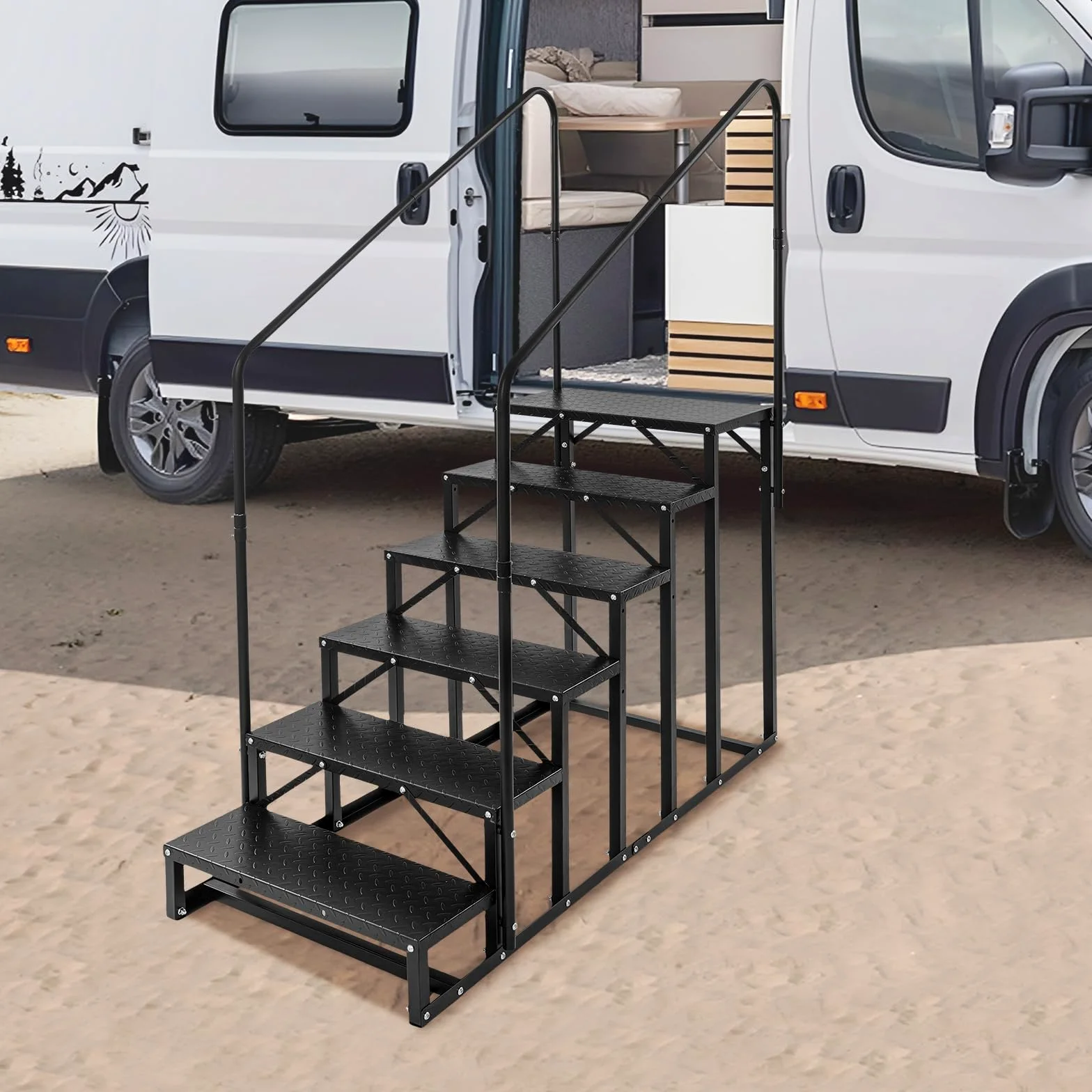 Escalera de 6 peldaños para autocaravana, acero al carbono, escalones para autocaravanas con pasamanos, escalera de piscina, escalera antideslizante para mascotas para caravanas, remolques, camping