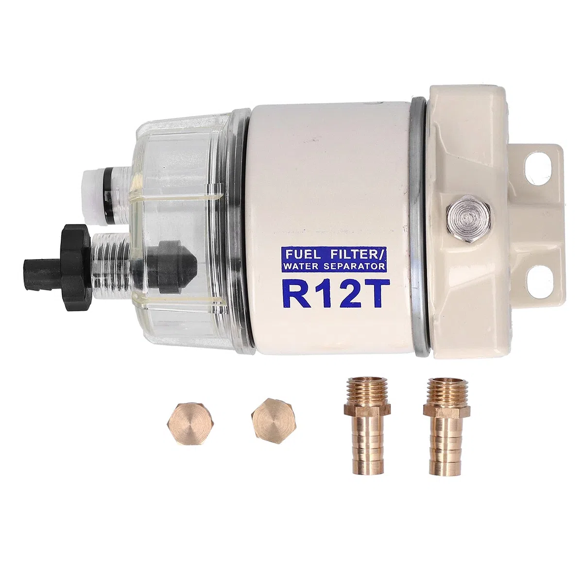 Tbest Filtro de combustible Separador de agua Kit completo, Filtro de combustible marino enroscable Separador de agua Velocidad de flujo 30GPH con drenaje autoventilado Reemplazo de R12T