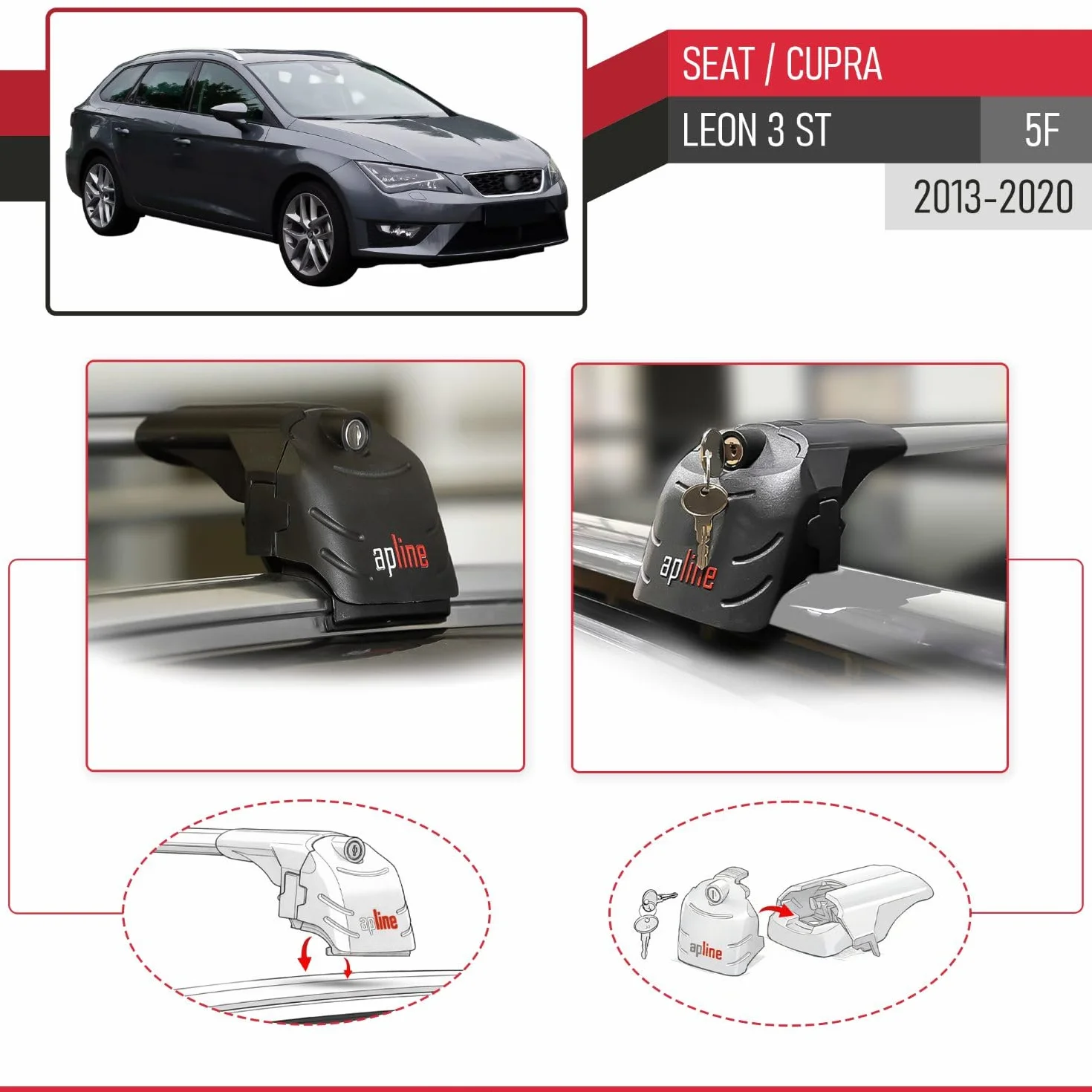 Compatible con Seat Leon 3 (5F) Cupra ST 2013-2020 Modelo Ace-2 Barra de Techo Auto Portaequipajes Barras Transversales Gris Aluminio 2 Barras