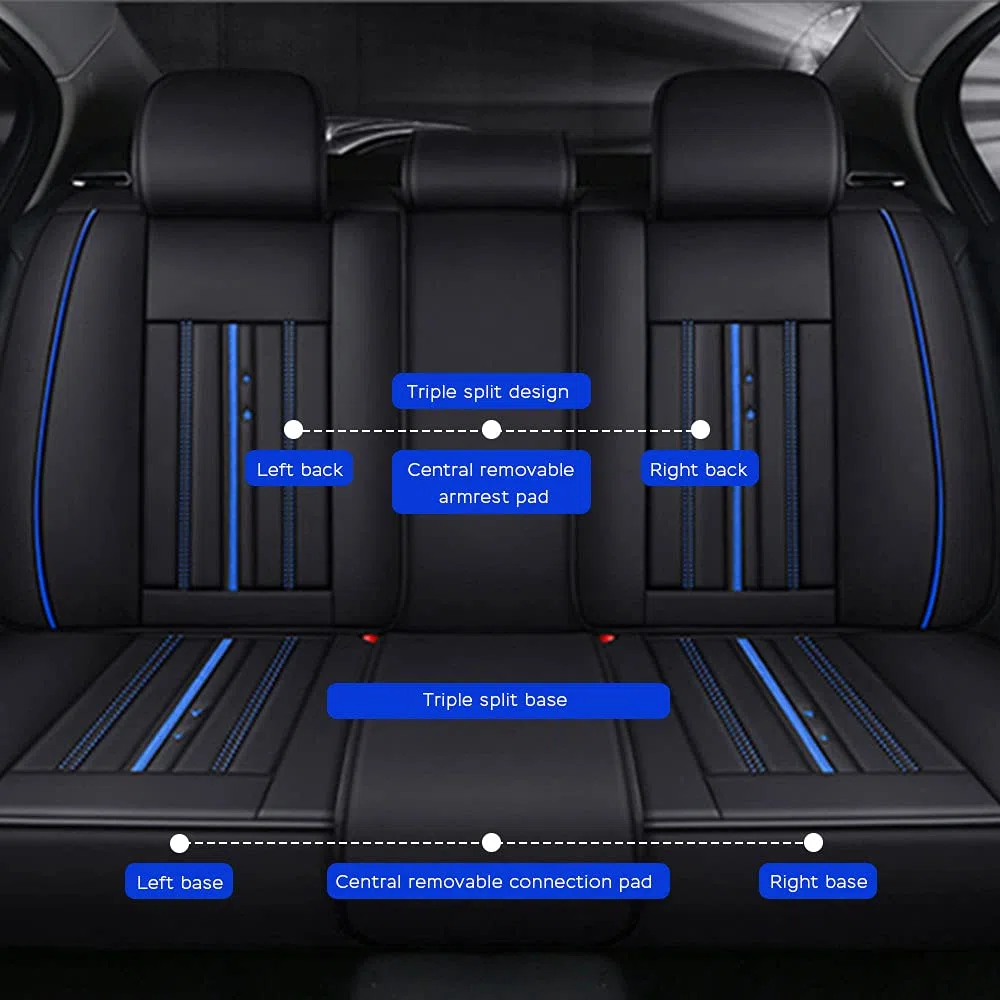 Juego Completo de Fundas de Asiento de Coche para 5 Asientos Delanteros y Traseros, Impermeables, de Piel sintética, Protectores de Asiento de automóvil, cojín M007,Negro y Azul
