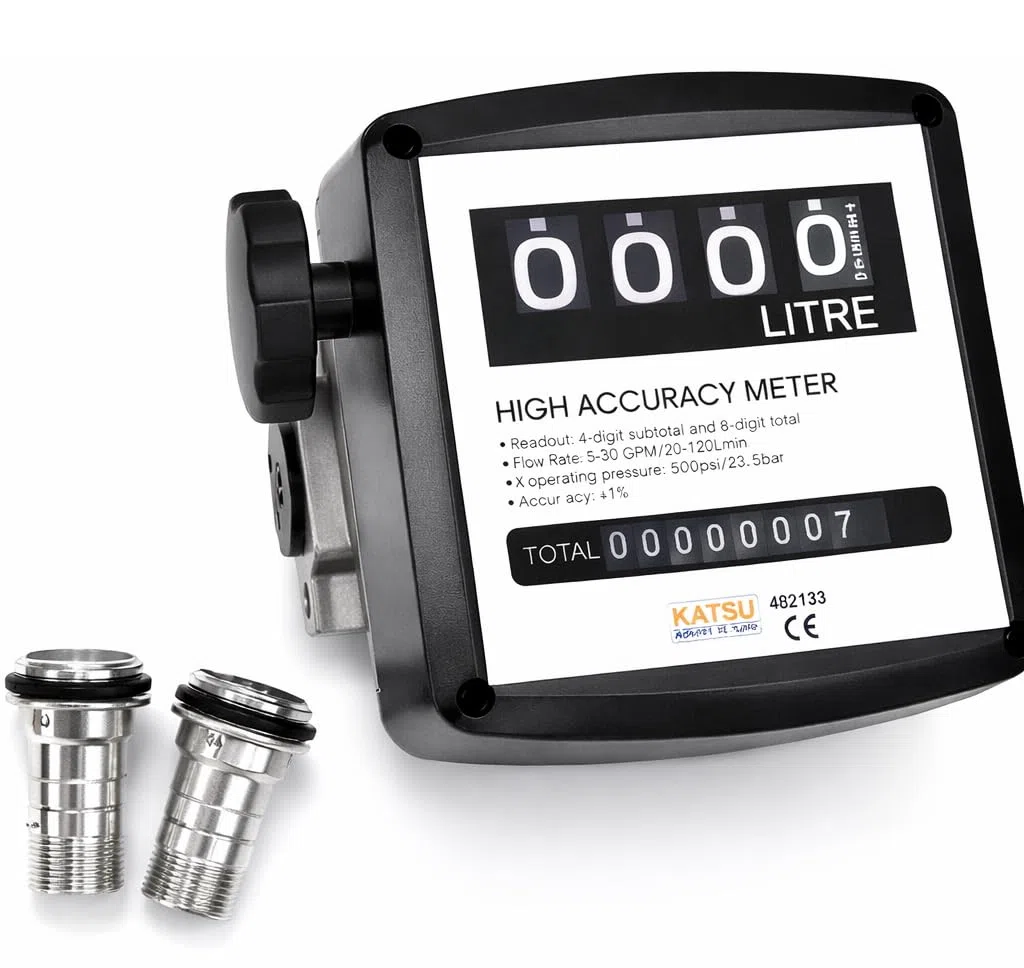 KATSU Contador de Medidor de Flujo de Aceite de Combustible Diésel de 4 Digitaces, Tanque de Transferencia de Bomba de Combustible Medidor de Flujo Mecánico 3,5 Bares 1% Precisión