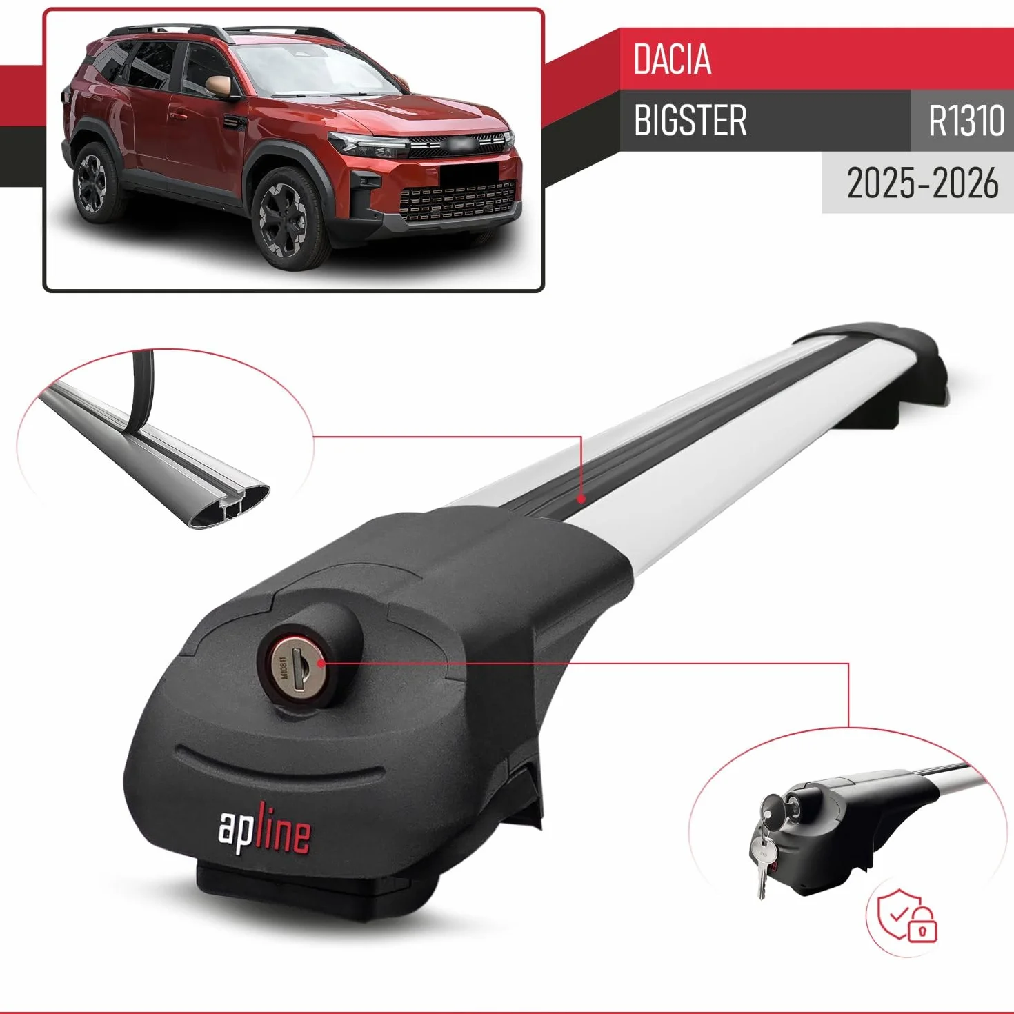 Compatible con Dacia Bigster (R1310) 2025-2026 Modelo Ace-1 Barra de Techo Auto Portaequipajes Barras Transversales Gris Aluminio 2 Barras
