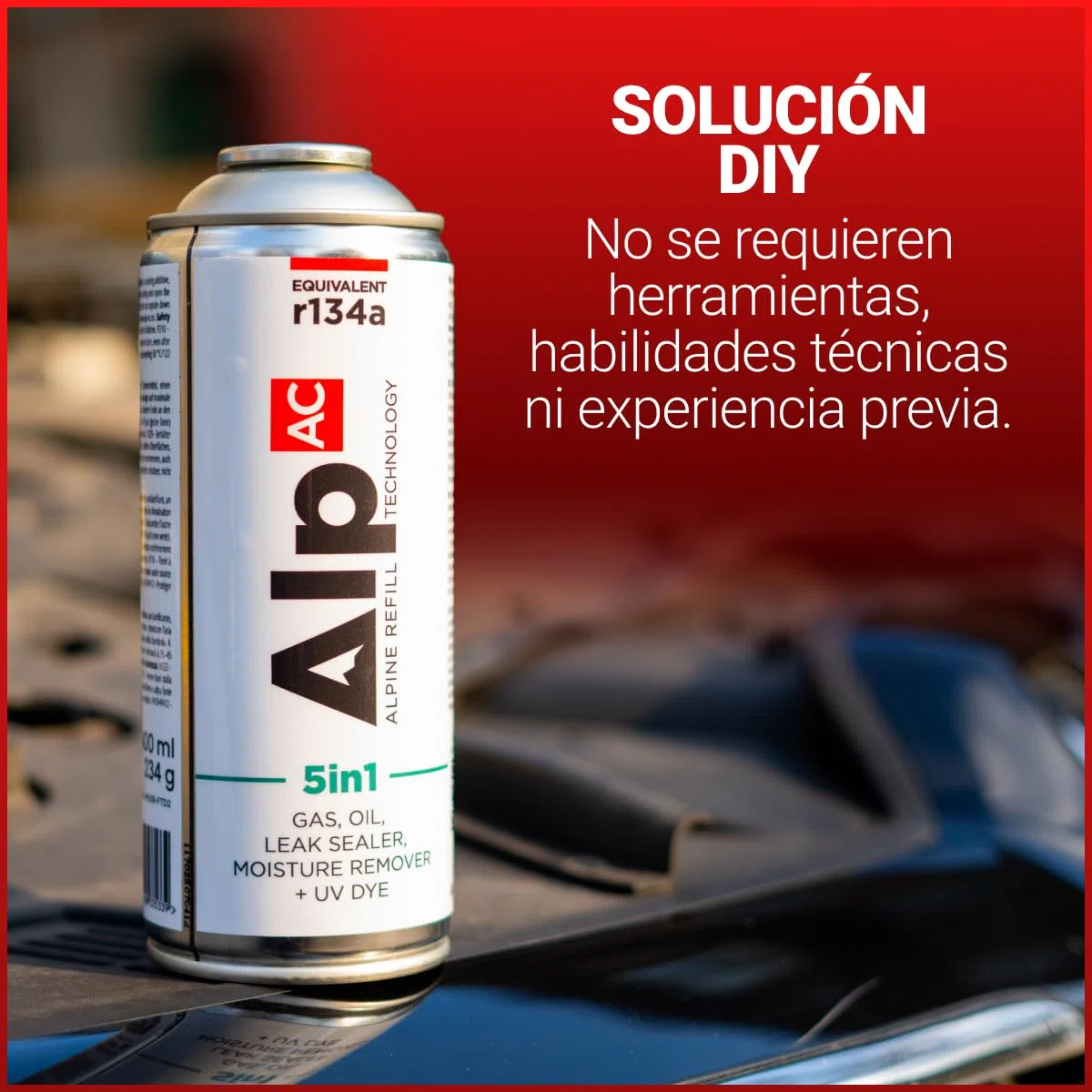 AlpAC 5in1 Kit Recarga Aire Acondicionado R134a (2x Latas + Manguera) – Gas Sustituto incl. sellador, aceite, UV y deshumidificador – Coches hasta 2016