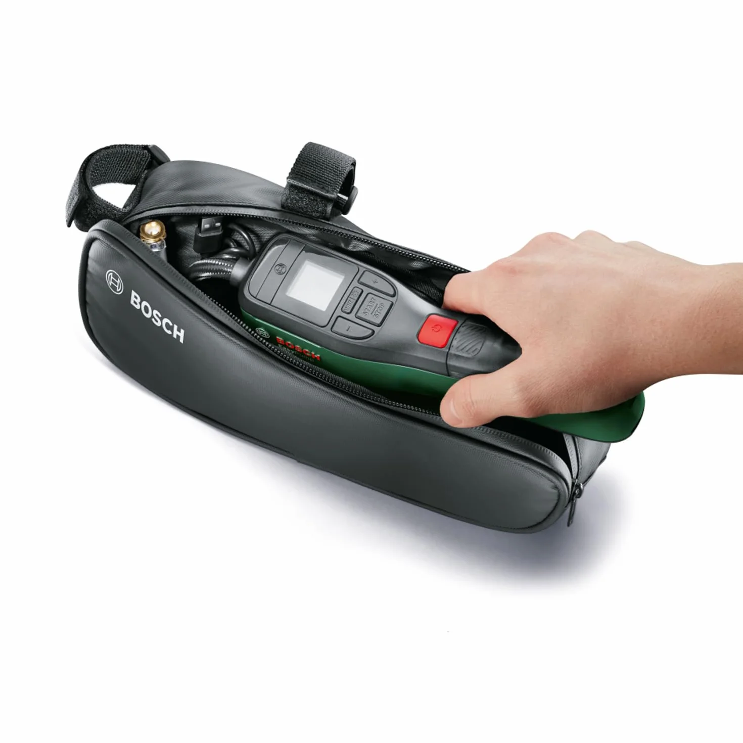 Bosch Bomba de Aire Bicicleta/compresor de Aire a batería EasyPump (3,0Ah; 3,6V,función de Parada automática; 150 PSI, 10,3 Bar;USBC, 3 adaptadores, Enchufe de conexión rápida, Bolsa para Bicicleta)