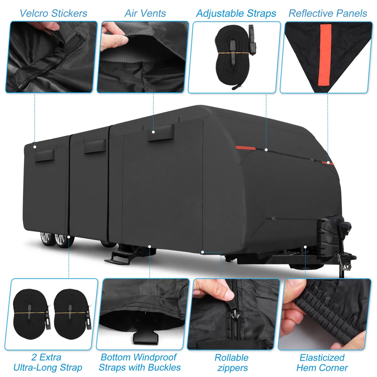 Uxcell Funda Impermeable para Caravana - Se Adapta a Remolques de 5,5-6,1 m, Resistente al Viento y Anti-UV, Protección para Todas las Estaciones, Negro