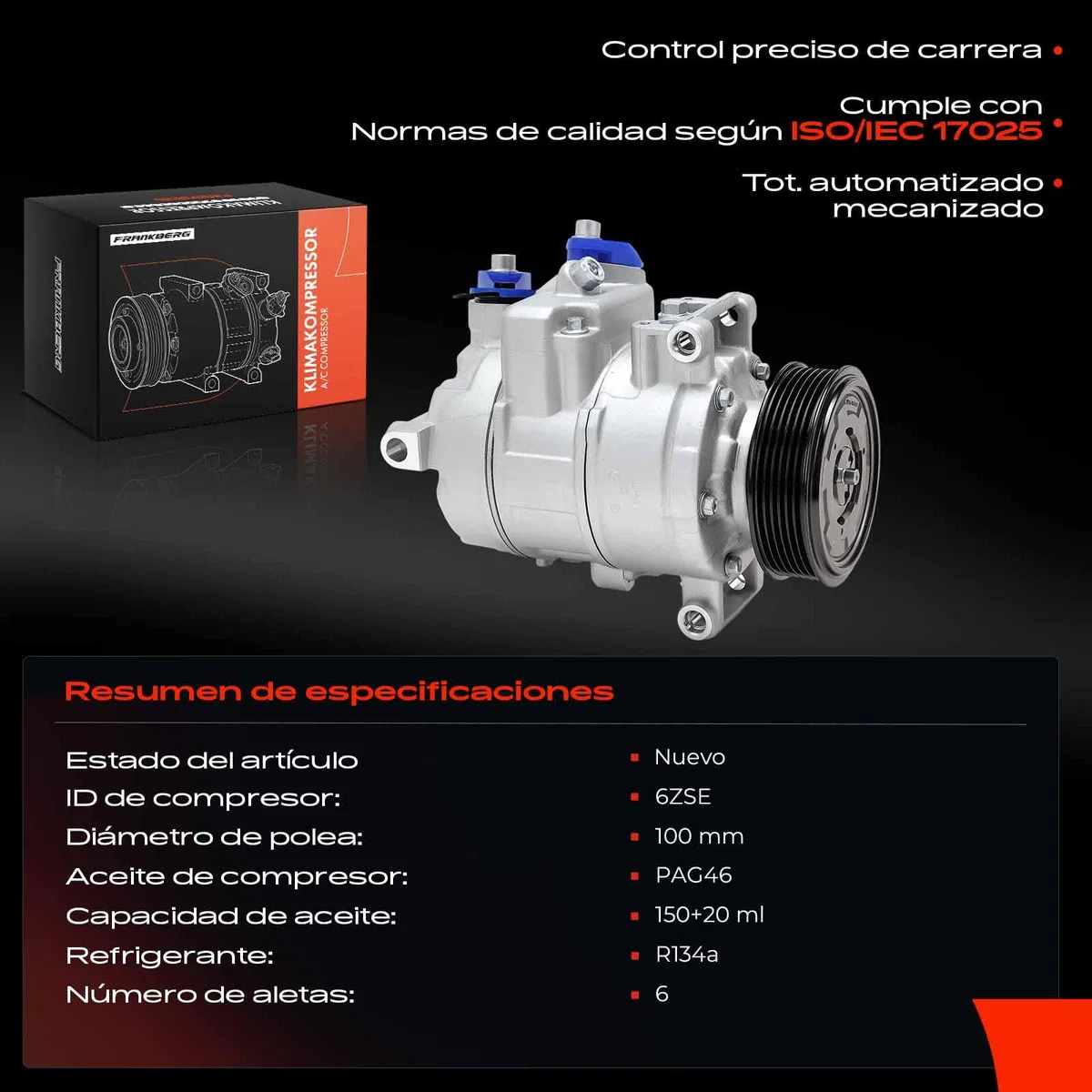Frankberg Compresor de aire acondicionado con embrague Compatible con A4 8EC B7 8K2 B8 8KH B8 8ED B7 8K5 B8 8H7 8HE Exeo 3R2 3R5 A6 4F2 C6 4F5 C6 A5 8T3 8F7 8TA 4F0260805AAincl. aceite premezclado