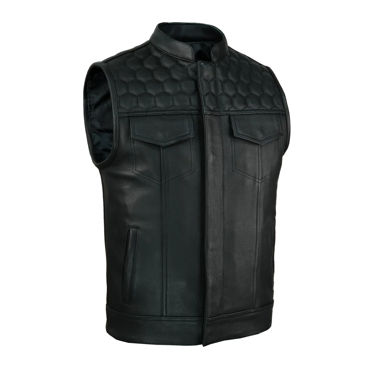 Leatherick Honeycomb SOA Estilo Chaleco de motocicleta de cuero genuino negro para hombres con bolsillos de transporte ocultos