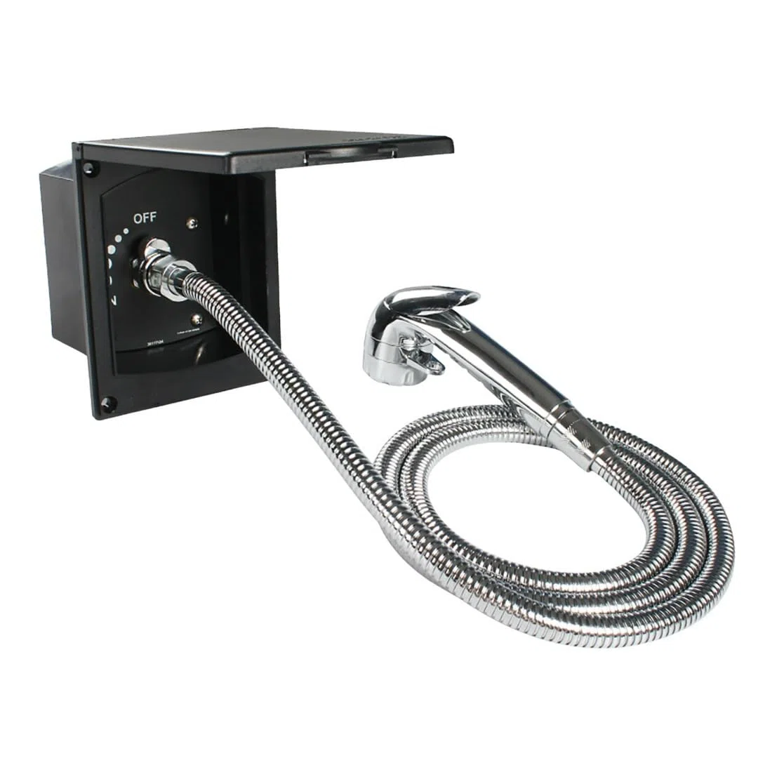 Marvix - Toma de salida de agua externa y cabezal de ducha de gatillo para autocaravana, caravana, caja de caballos