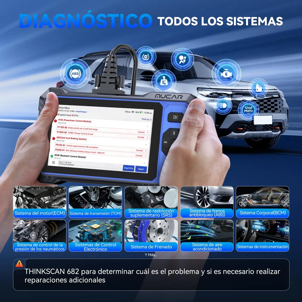 OBD2 Diagnosis, MUCAR 682 Diagnosis Coche Multimarca de Todos Sistema, Diagnosis Coche con 20 Funciones de Reinicio/Vin Automático/Prueba Activa-Actualización Gratuita