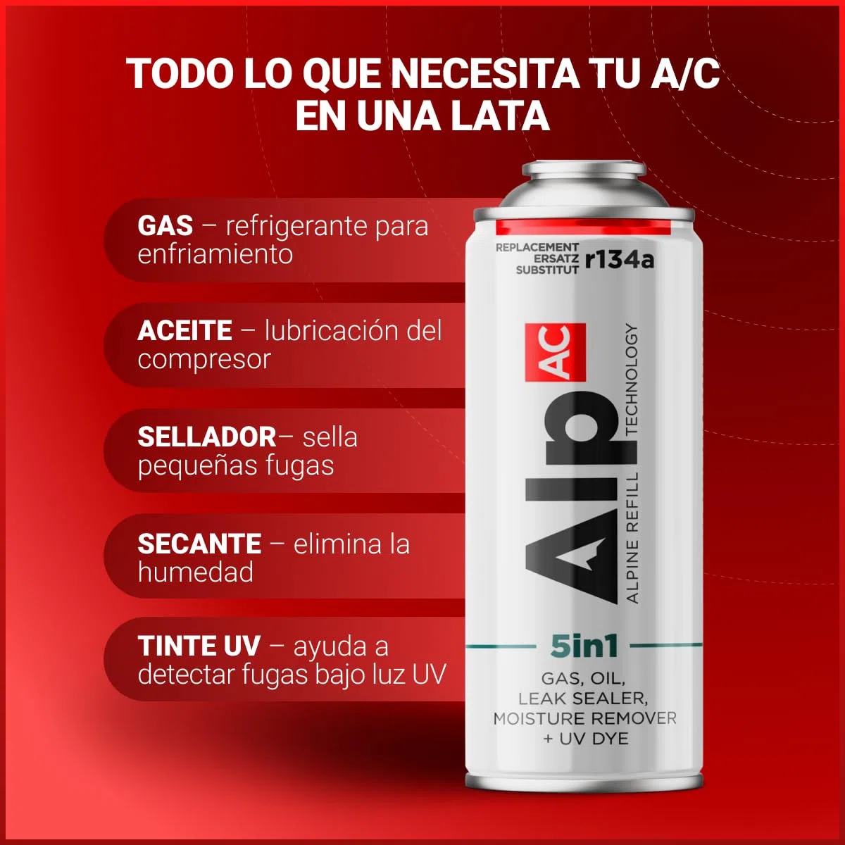 AlpAC 5in1 Kit Recarga Aire Acondicionado R134a (2x Latas + Manguera) – Gas Sustituto incl. sellador, aceite, UV y deshumidificador – Coches hasta 2016