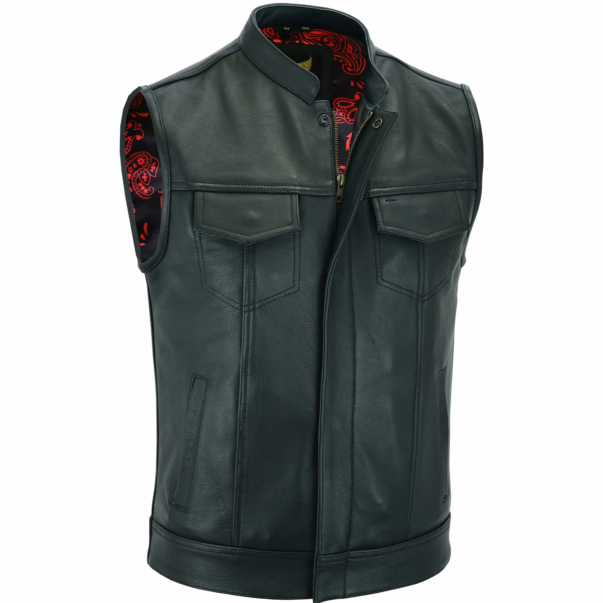 Leatherick Chaleco de cuero para hombre Groove Club - Forro de satén de cachemira tradicional con costuras negras, negro/blanco