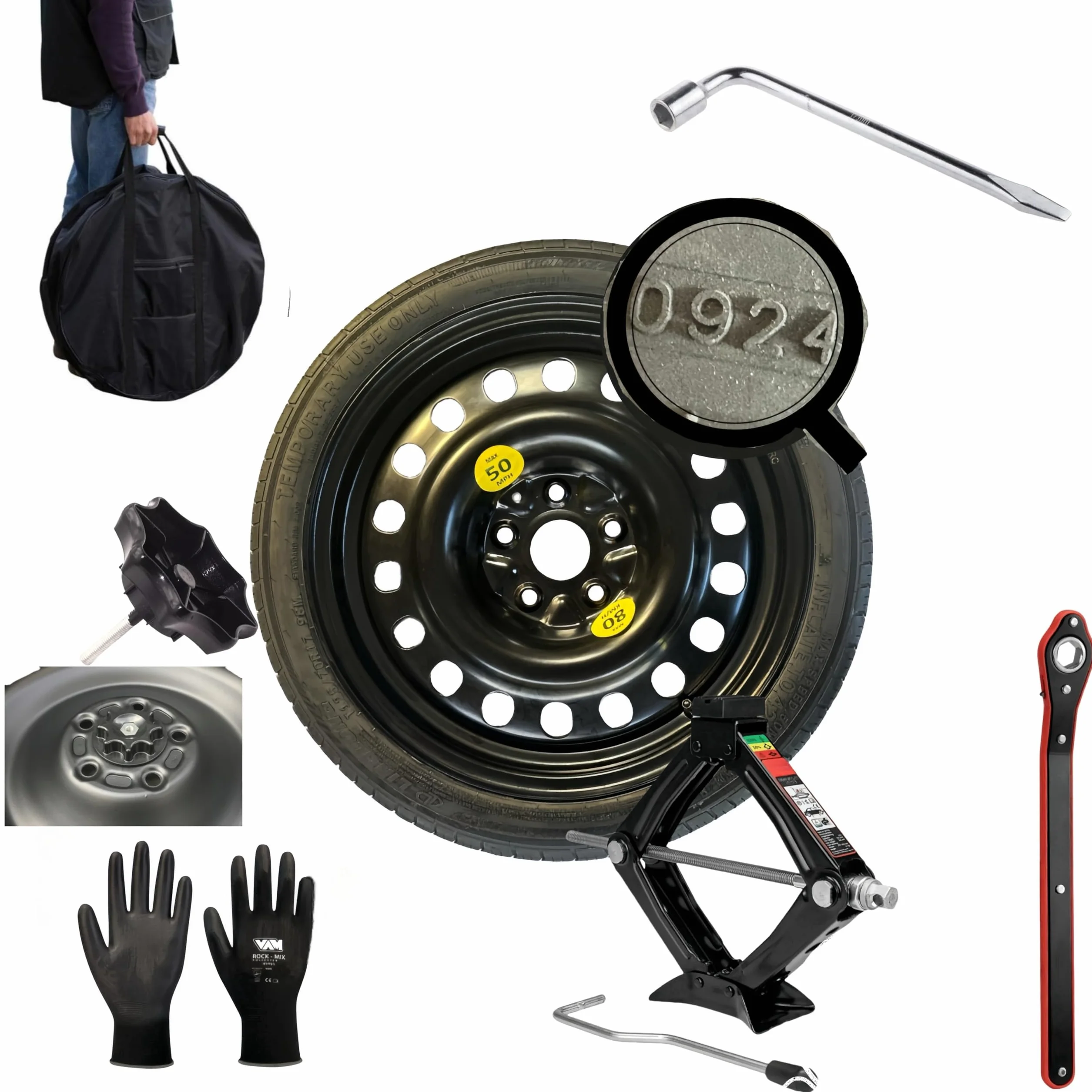 Kit rueda de repuesto 17" compatible con Dacia Duster con gato, llave, tornillo, guantes y bolsa 135/80R17 OE size
