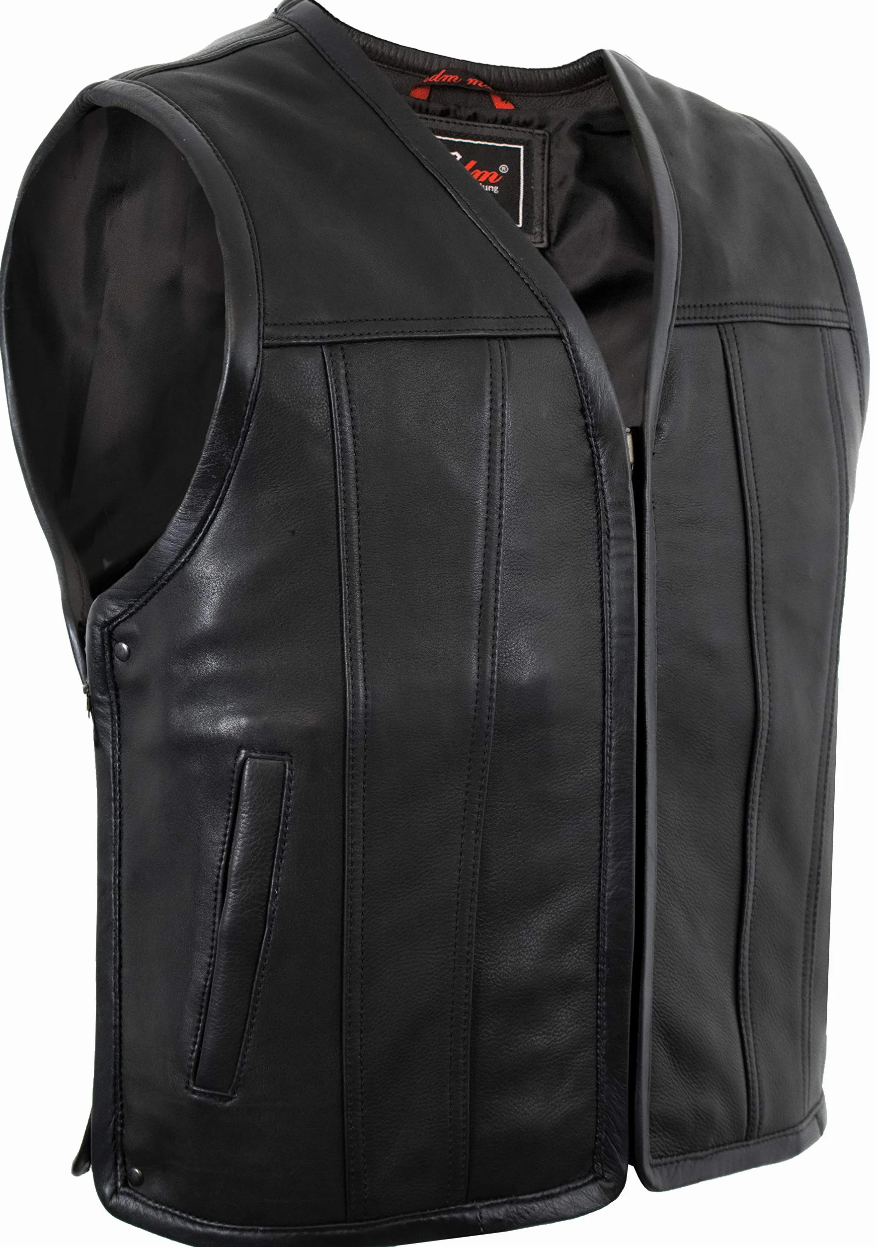 MDM Chaleco de Moto Hombre en Cuero, Chaleco Cuero Moto Custom, Ajustable con Cremalleras Laterales, Negro