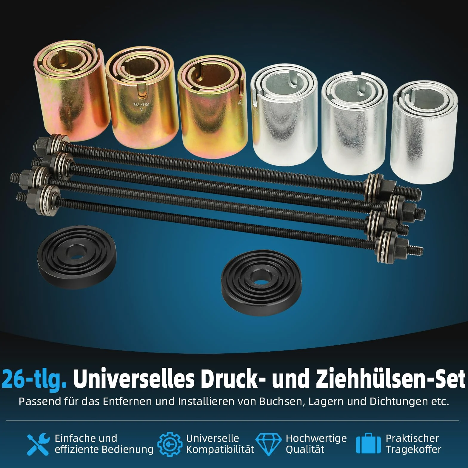 FreeTec 26 piezas extractor de rodamientos de rueda Juego de herramientas Silentlager Extractor de cubo de rueda Silentlager herramienta para el desmontaje e instalación de casquillos, rodamientos y