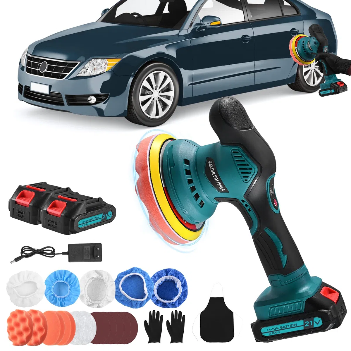 Pulidora para coche, 21 V, con 2 baterías, 2800 – 5500 RPM, pulido orbital con 6 velocidades variables para detalles de automóviles/pulido/encerado