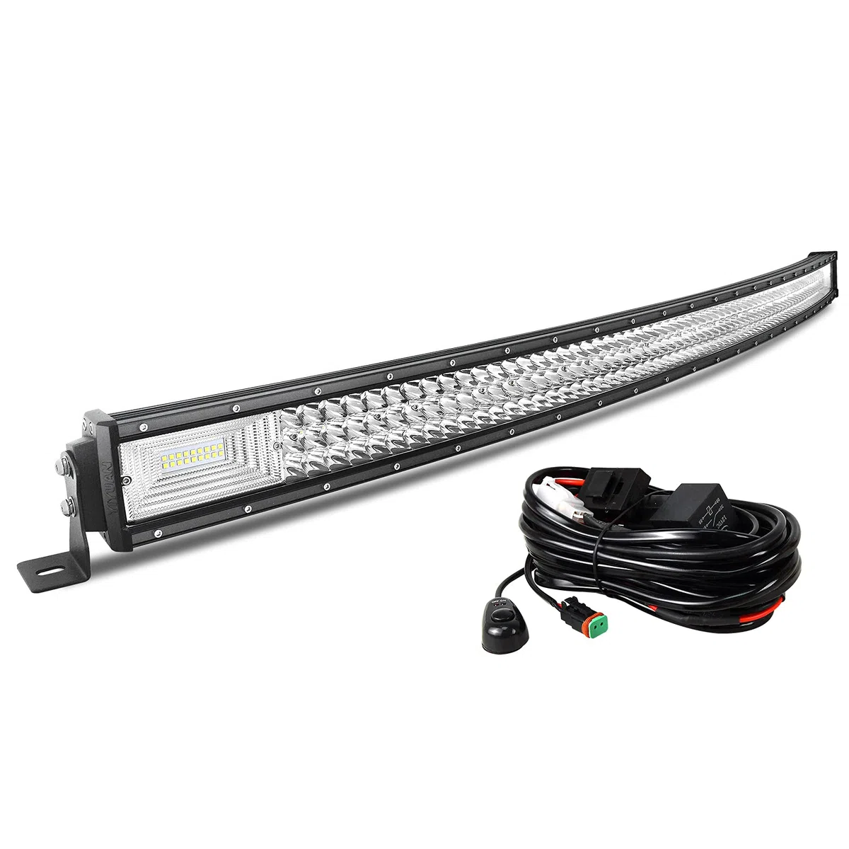 AUXTINGS Barra de luz LED curvada de 52 pulgadas 675W haz de inundación lente de triple fila luces de buceo con kit de arnés de cableado para todoterreno ATV AWD SUV 4WD 4x4, conector DT de 12V 24V