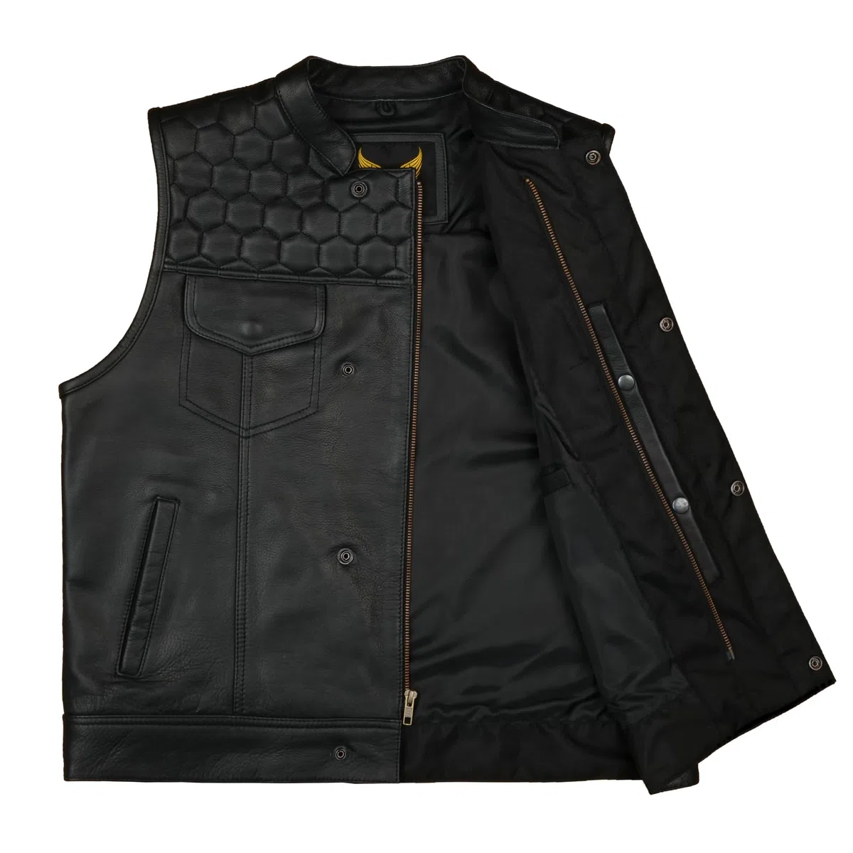 Leatherick Honeycomb SOA Estilo Chaleco de motocicleta de cuero genuino negro para hombres con bolsillos de transporte ocultos