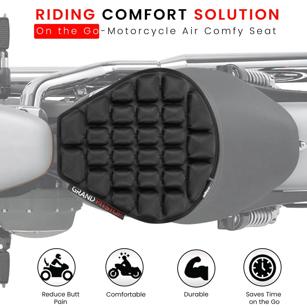 GRAND PITSTOP Motorcycle Air Seat Cushion With Inflatable Bubble Air Pads With Breathable Mesh Cover & Non-Skid Bottom compatible for Cruiser Motorcycle