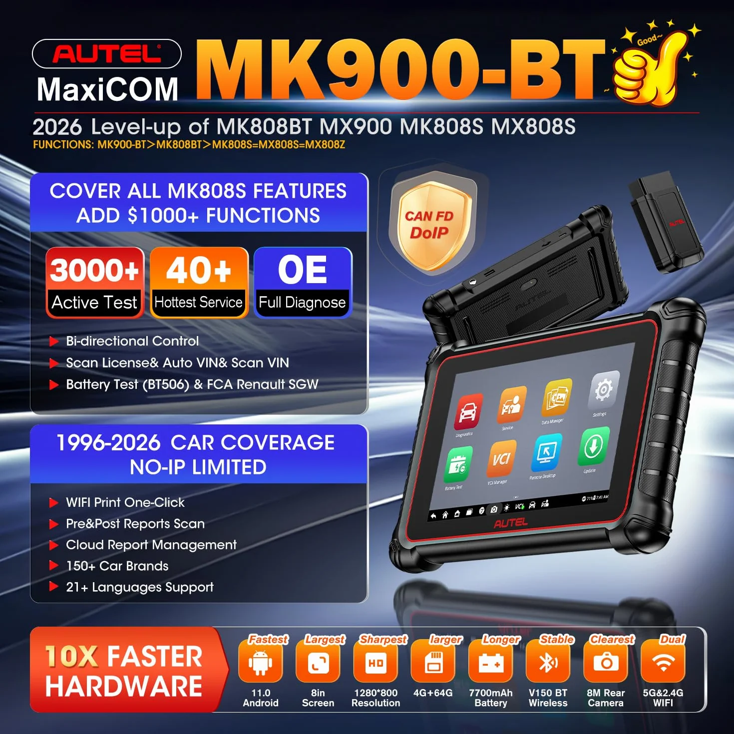 Autel MaxiCOM MK900BT OBD2 Diagnosis: 2026 V2.0 Diagnosis Coche Bidireccional, Ver Inalámbrica de MK900 MK808S MK808BT MX808S MK808Z, 40+ Servicios, 3000+ Pruebas Activas, DOIP CANFD, Todos Sis, SO 11