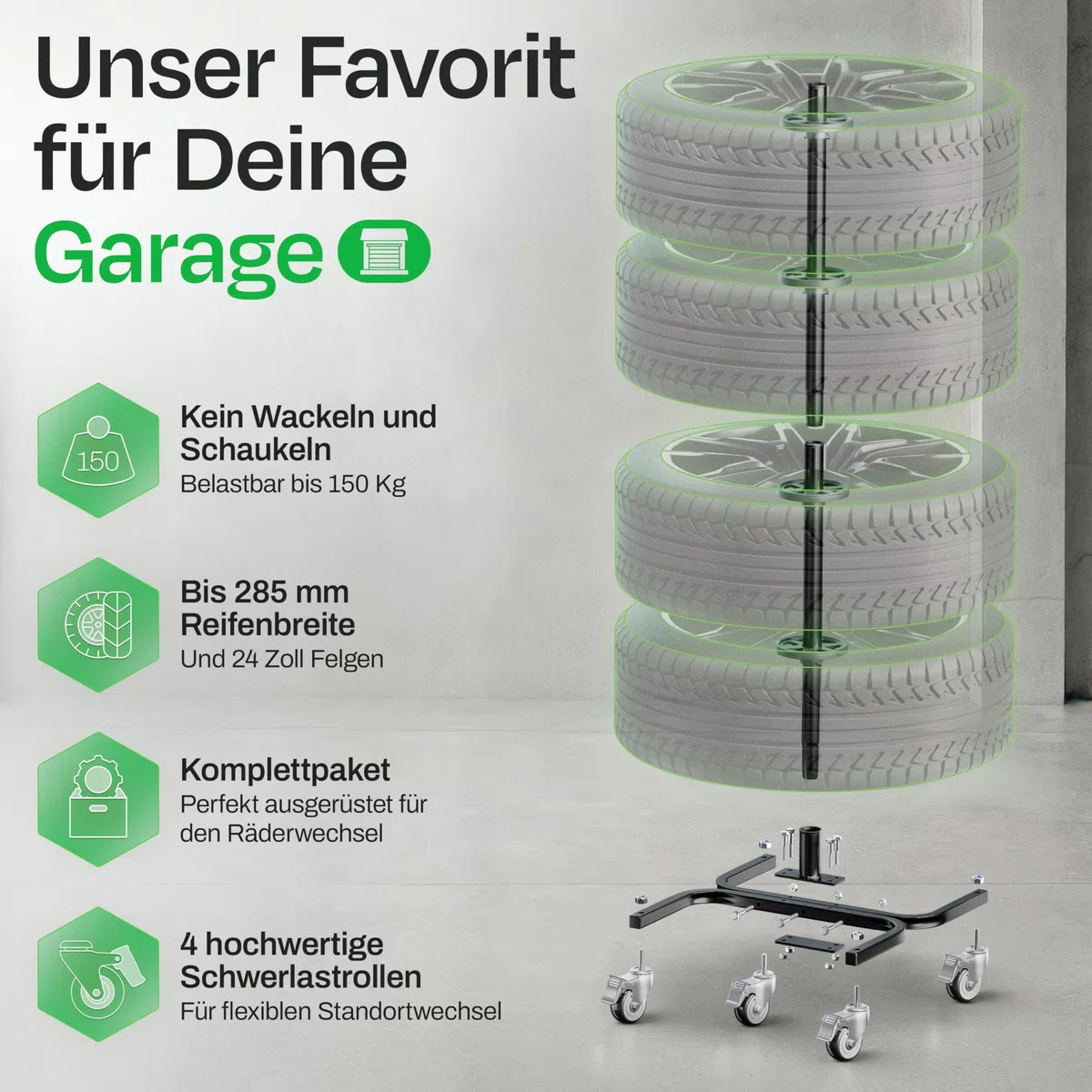 Árbol de llantas XL con funda protectora | Soporte móvil para 4 neumáticos de hasta 285 mm de ancho y 24 pulgadas | almacenamiento estable y que ahorra espacio