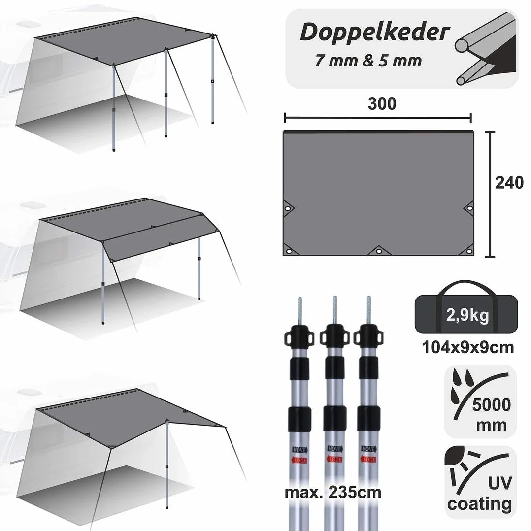 your GEAR toldo para caravanas Lona para caravanas 3 x 2,4 m Techo Solar para Remolque Incl. Postes Impermeables 5000 mm