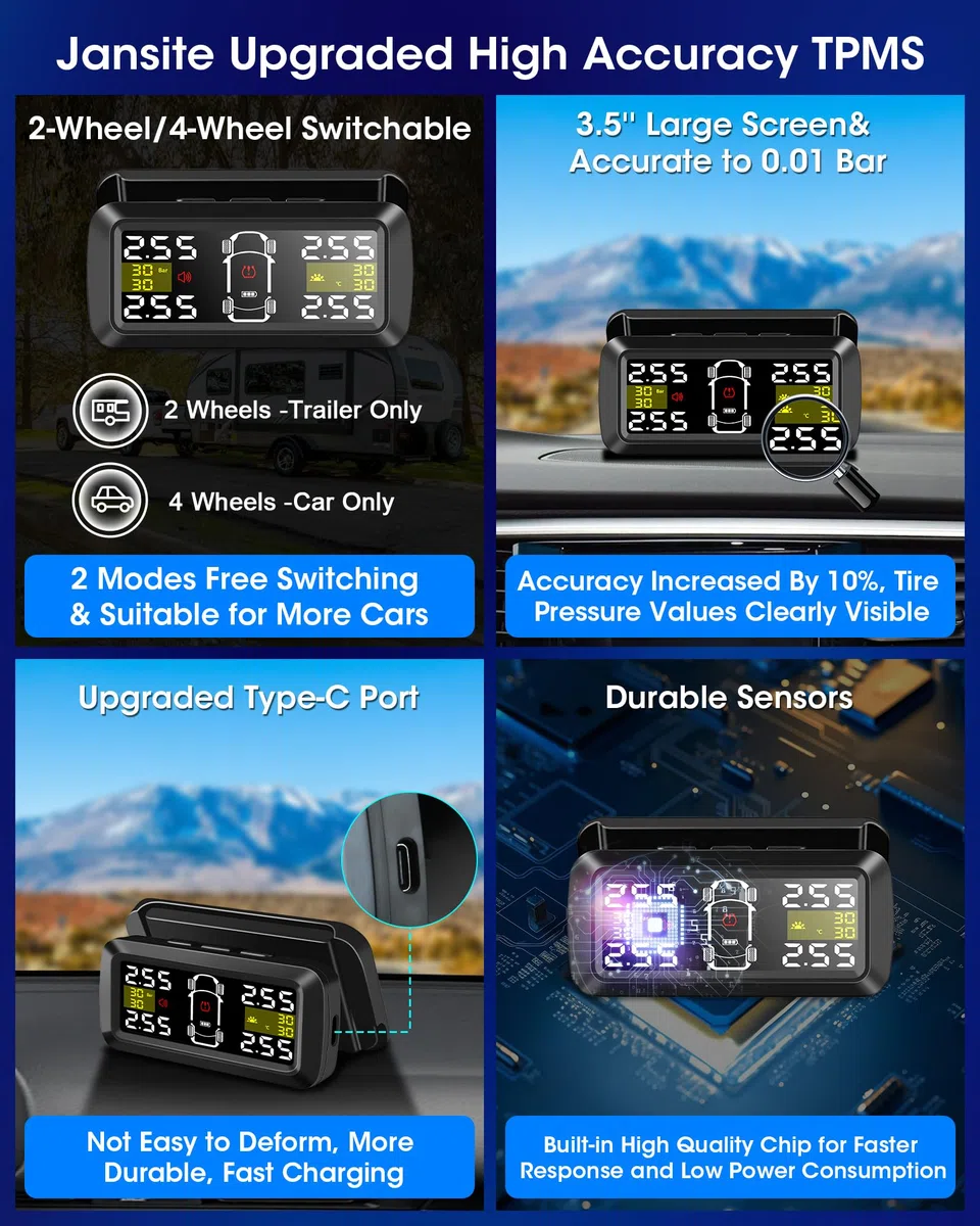 Jansite TPMS Inalámbrico Solar Sistema de Monitoreo de Presión de Neumáticos 4/2 Modos de Interruptor de Rueda Precisión 0.01 Bar 21-87Psi Monitor de Presión de Neumáticos 6 Modos de Alarma