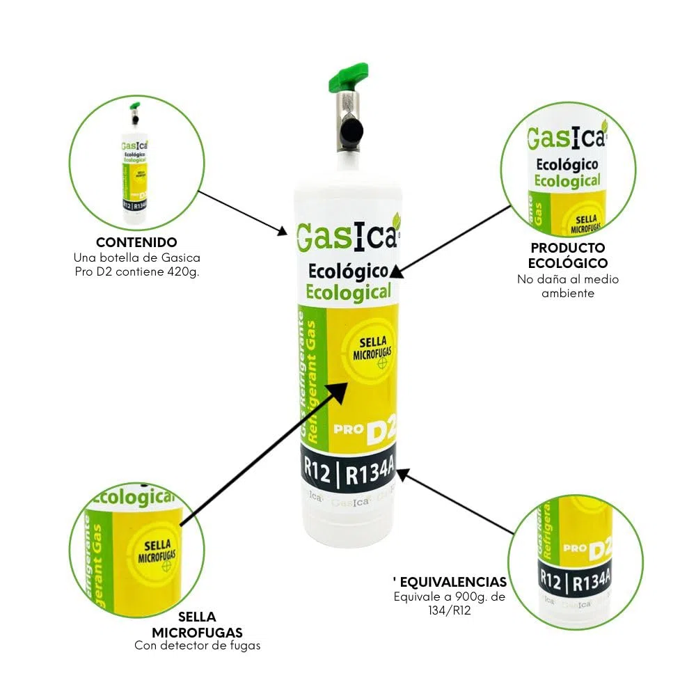 PACK AHORRO 2 ENVASES GASICA D2 GAS REFRIGERANTE ORGÁNICO AUTOMOCIÓN COCHE 400gr CADA BOTELLA COMPATIBLE CON R134A R12