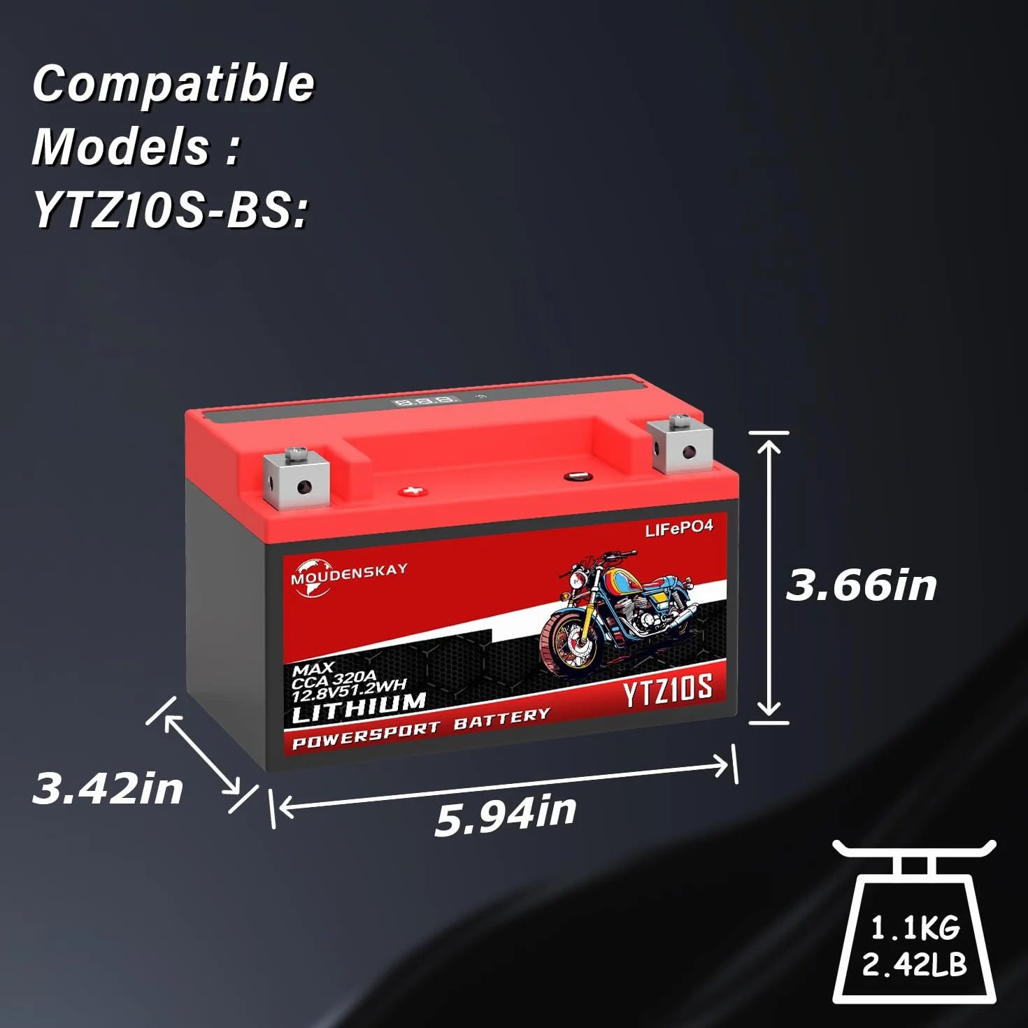 Batería de Litio Para Moto, Bateria Litio 12v Motocicleta con BMS,12.8V 4AH 280~320CCA 51.2WH YTZ10S LiFePO4 Motor de Arranque de la Batería Para Motocicleta,ATV,UTV,4 Wheeler, y más