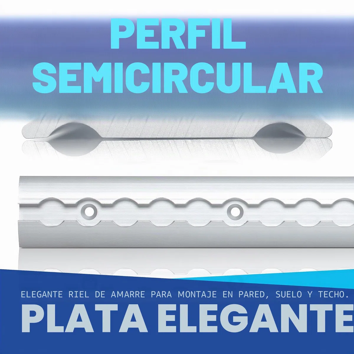 Juego de rieles TÜV certificados, 0,5 - 10 metros, forma semicircular, seguridad de carga para camiones y autocaravanas - Riel de amarre perforado aluminio plateado