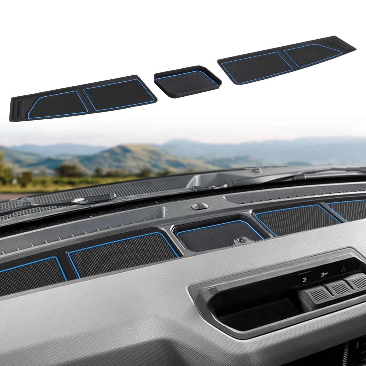 Auovo Bandeja de cubierta de salpicadero compatible con accesorios Ford Bronco 2021 2022 2023 2024 2025 2026 Bronco alfombrilla de silicona para salpicadero interior Bronco 2/4 puertas, juego de 3
