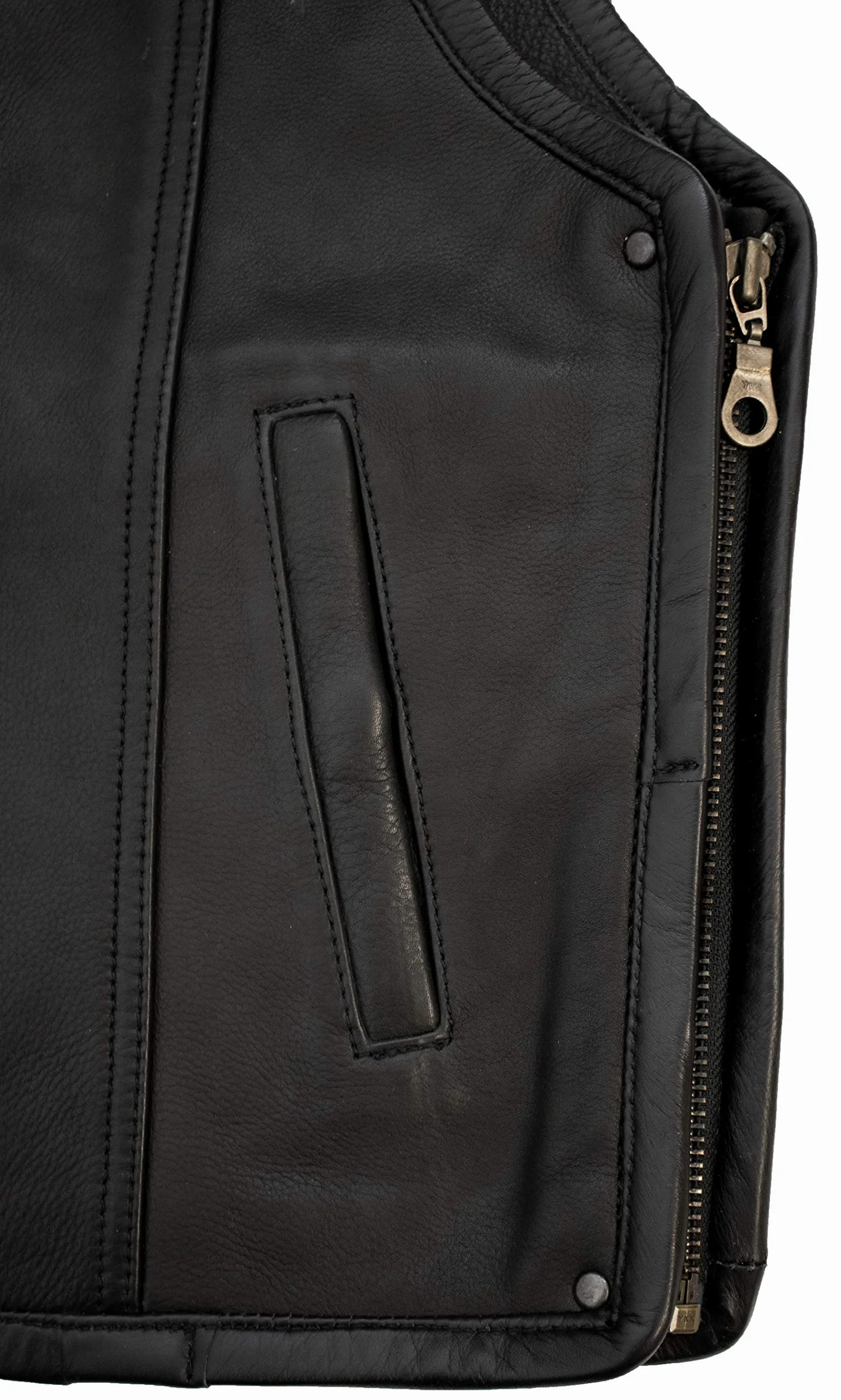 MDM Chaleco de Moto Hombre en Cuero, Chaleco Cuero Moto Custom, Ajustable con Cremalleras Laterales, Negro