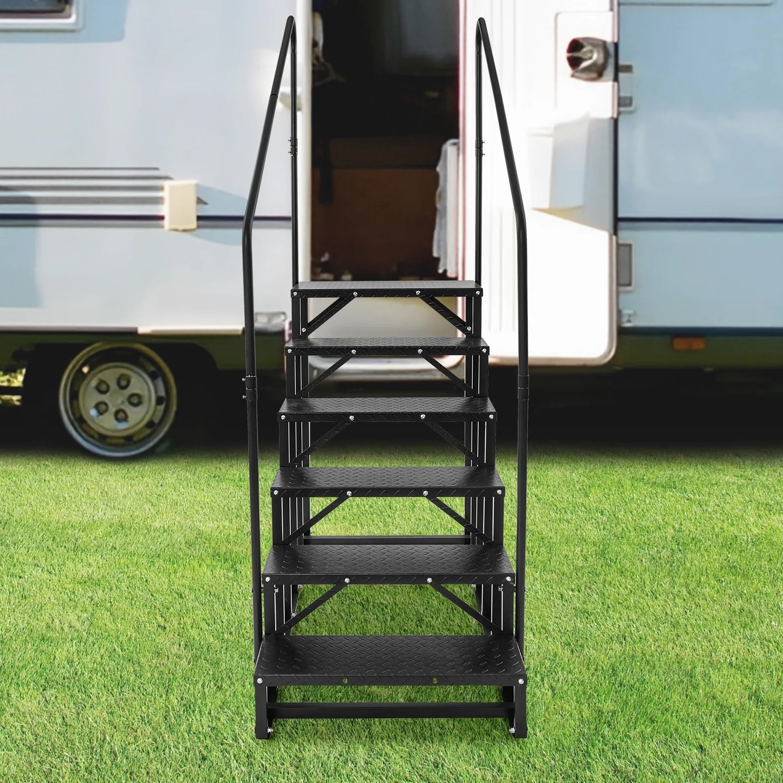 Escalera de 6 peldaños para autocaravana, acero al carbono, escalones para autocaravanas con pasamanos, escalera de piscina, escalera antideslizante para mascotas para caravanas, remolques, camping