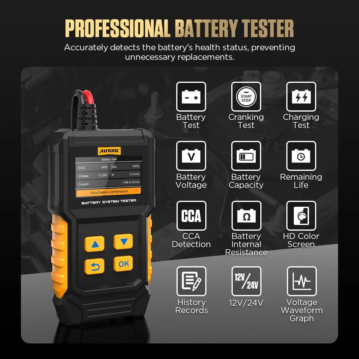 AUTOOL BT360 Comprobador de batería de coche 12 V 24 V 30 – 2000 CCA probador de batería de coche, analizador de sistema de carga y arranque para coches, motos, camiones, barcos, todoterrenos