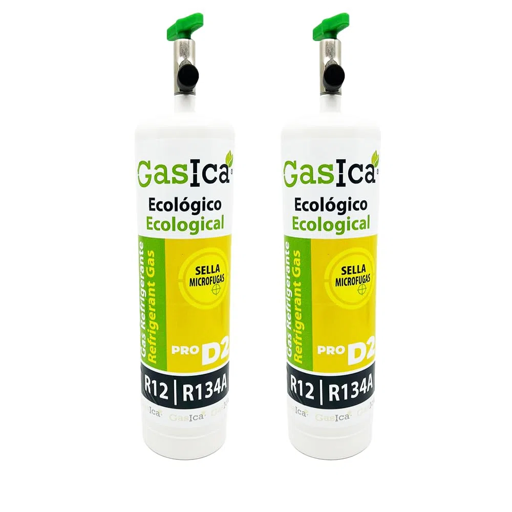 PACK AHORRO 2 ENVASES GASICA D2 GAS REFRIGERANTE ORGÁNICO AUTOMOCIÓN COCHE 400gr CADA BOTELLA COMPATIBLE CON R134A R12