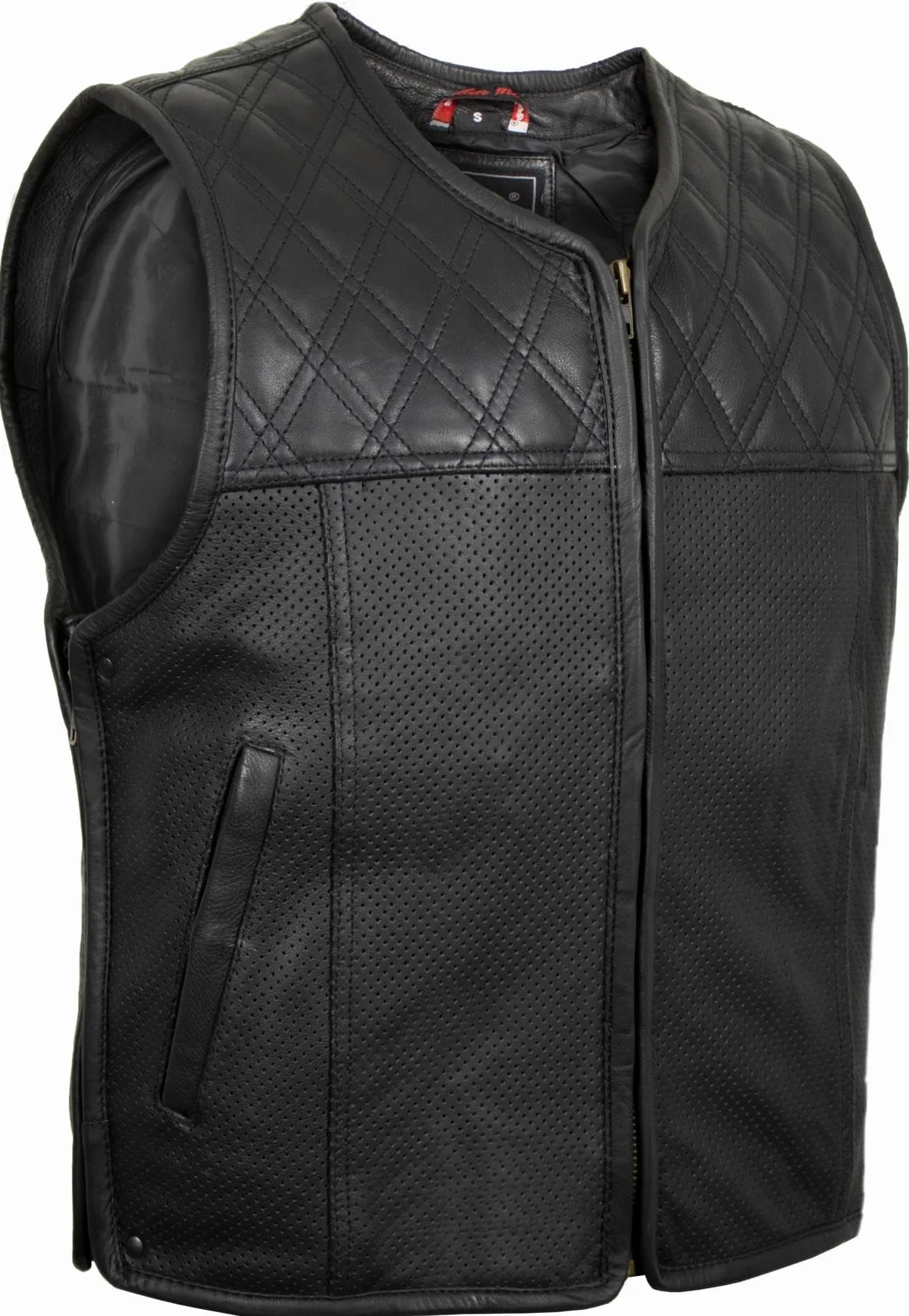 MDM Chaleco cuero moto hombre, chaleco biker negro sin mangas de piel auténtica, estilo Clubstyle, con cuero perforado y cremalleras laterales ajustables