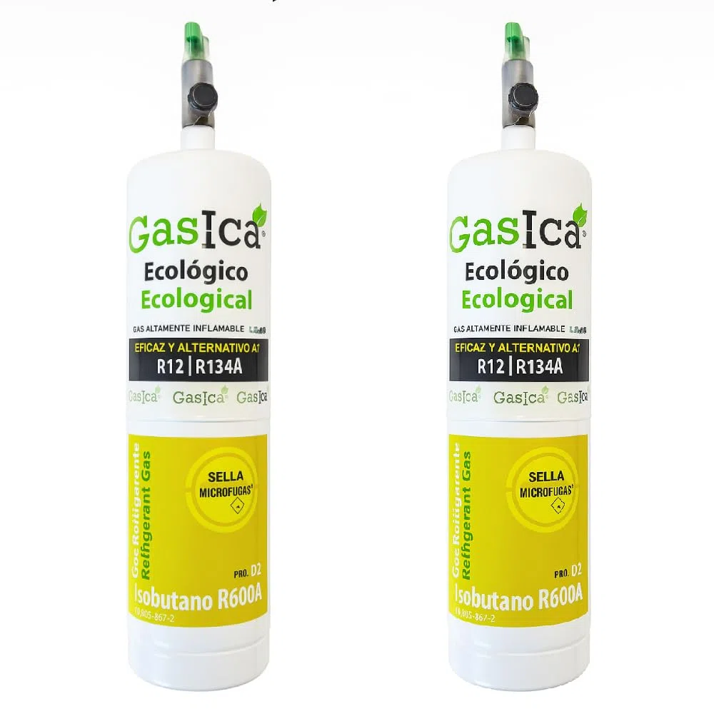 PACK AHORRO 2 ENVASES GASICA D2 GAS REFRIGERANTE ORGÁNICO AUTOMOCIÓN COCHE 400gr CADA BOTELLA COMPATIBLE CON R134A R12