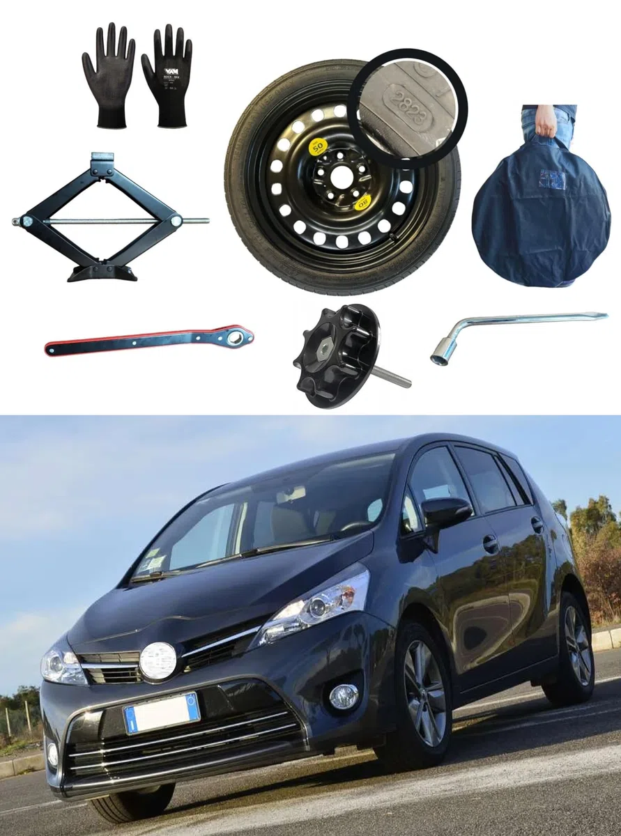 Kit de Rueda de Repuesto 17" compatible con Toyota Verso con Gata, Llave, Guantes, Tornillo y Funda125/80R17