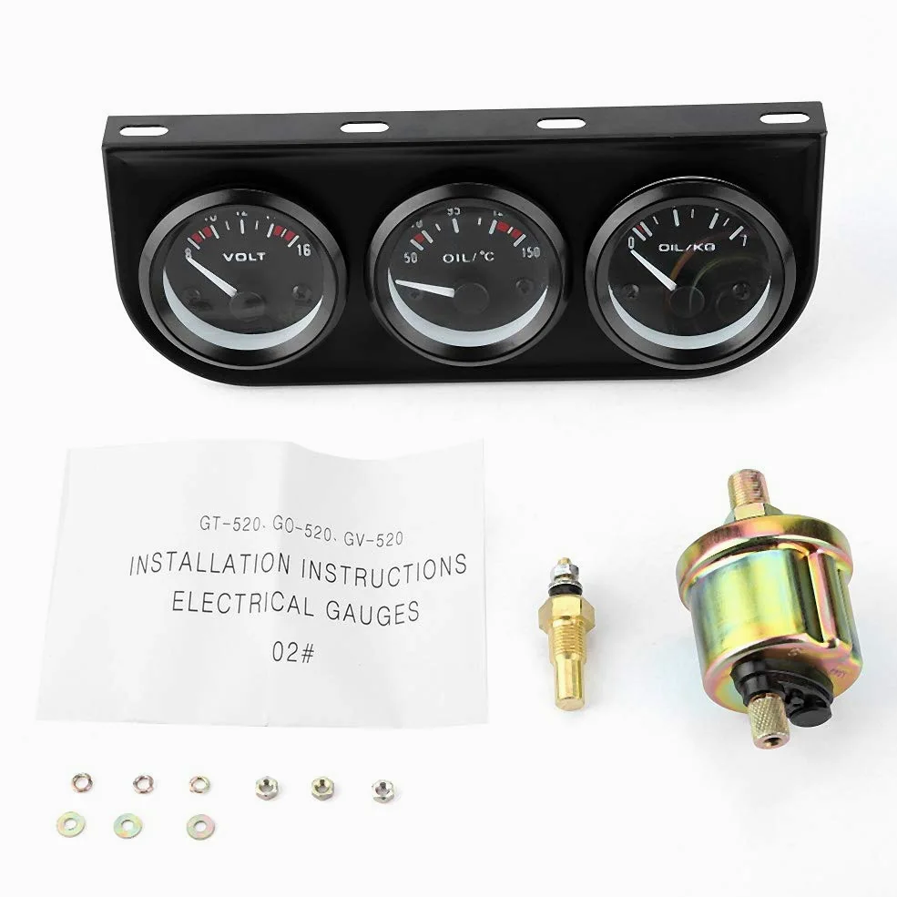Kit de medidor triple de 52 mm, Voltímetro Medidor de Temperatura del Aceite y Medidor de Presión de Aceite para automóvil(12V)